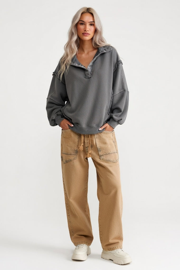 Oversized Sweatshirt with Slit Lapels — Grey