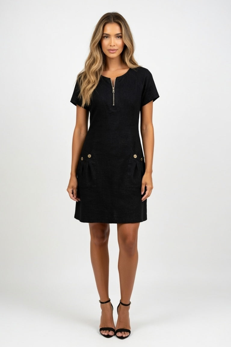 Zip Front Mini Dress — Black