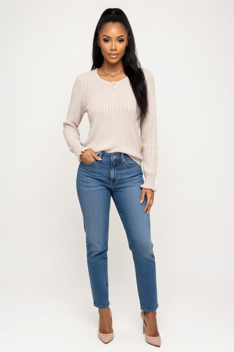 Micro-Puff Sleeve Knit Top — Off White