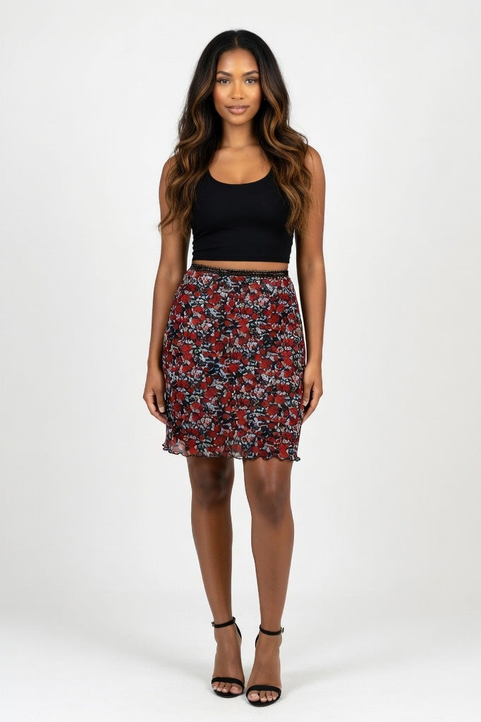 Printed Mesh Double Layer Mini Skirt — Red