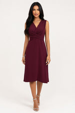 Cross Waist V-Neck Midi Dress — Purple Red