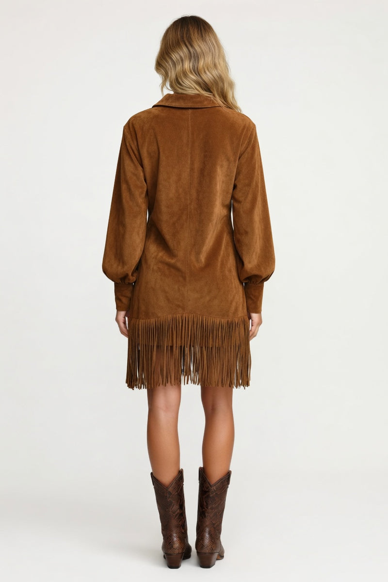 Suede V-Neck Mini Dress — back view