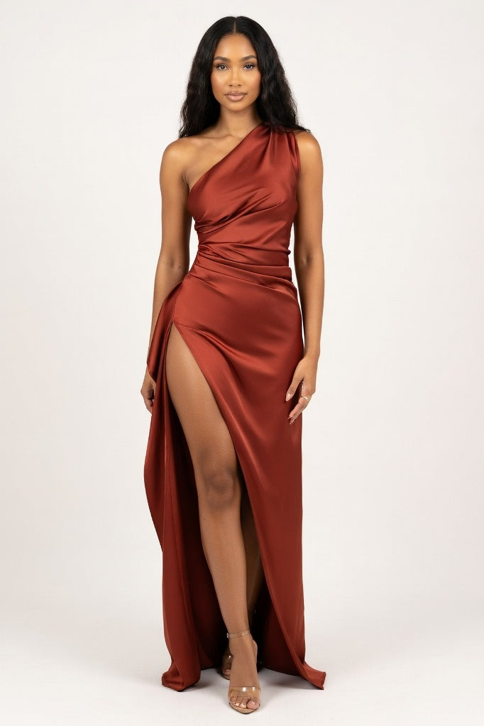 Satin Slip Dress — Rust Red