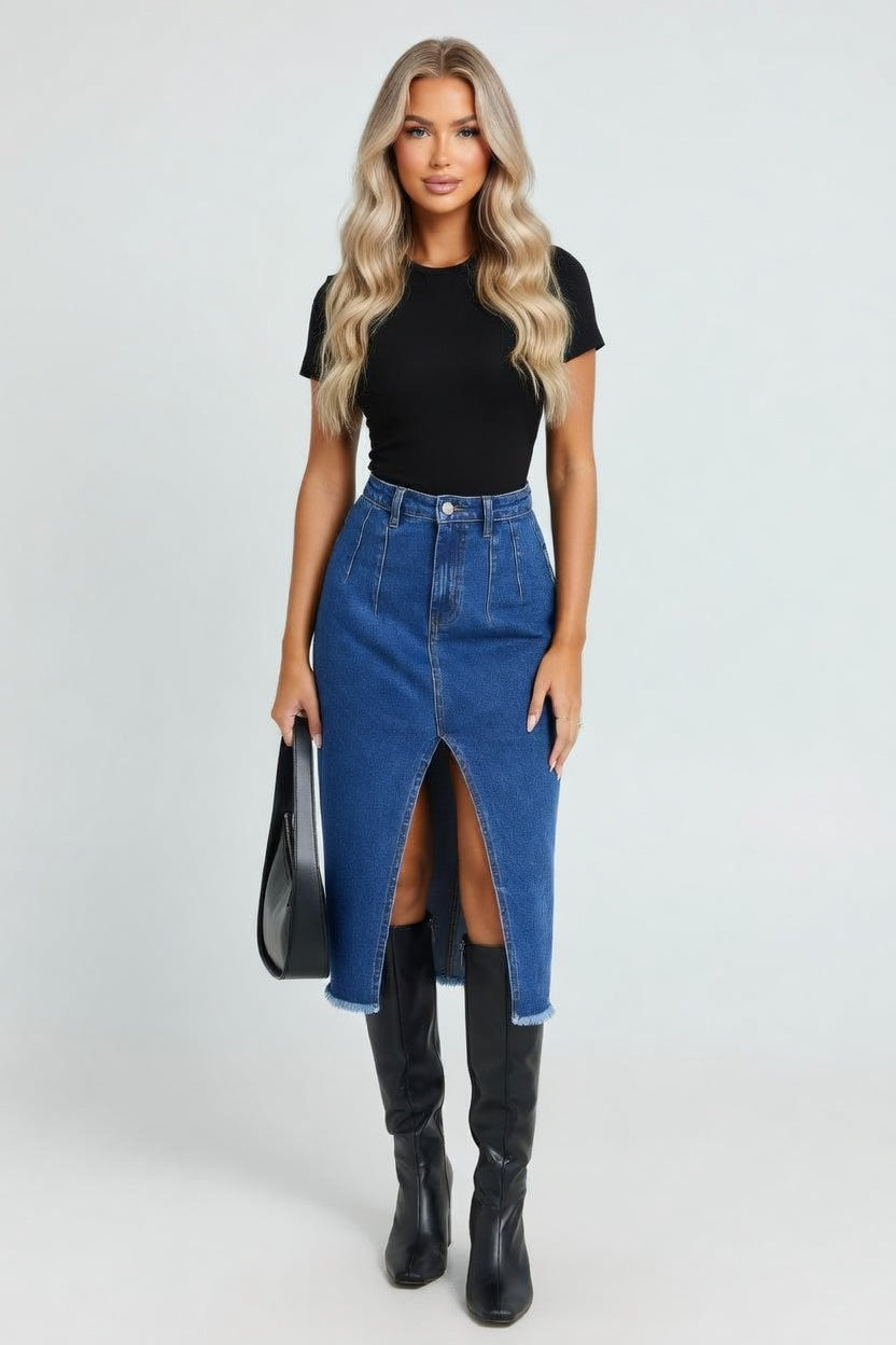 High Waisted Denim Mini Skirt — front view