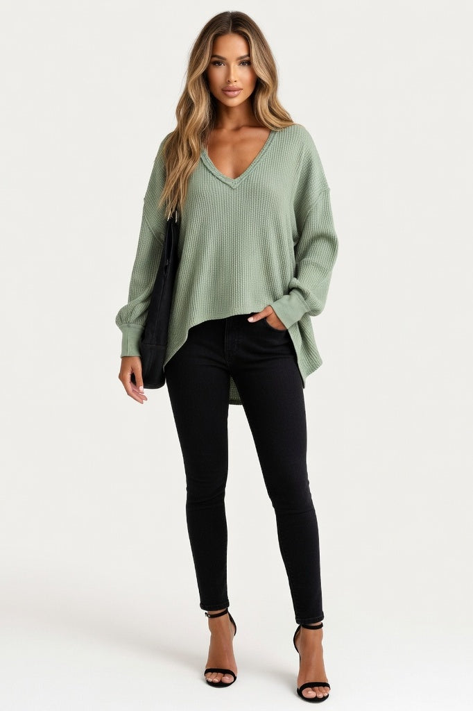 Waffle Knit Off-Shoulder Sweatshirt — Grass Green