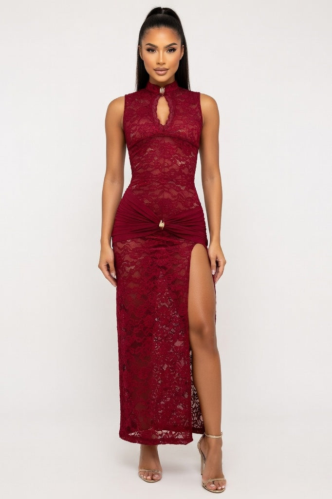 Lace High Slit Dress — Burgundy