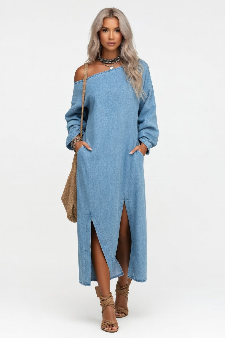 Off-Shoulder Slit Maxi Dress — Sky Blue