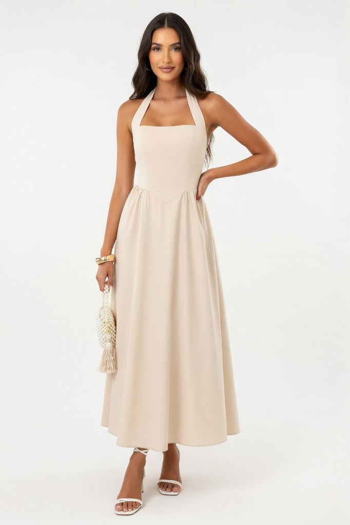 Square Neck Splice Dress — Apricot