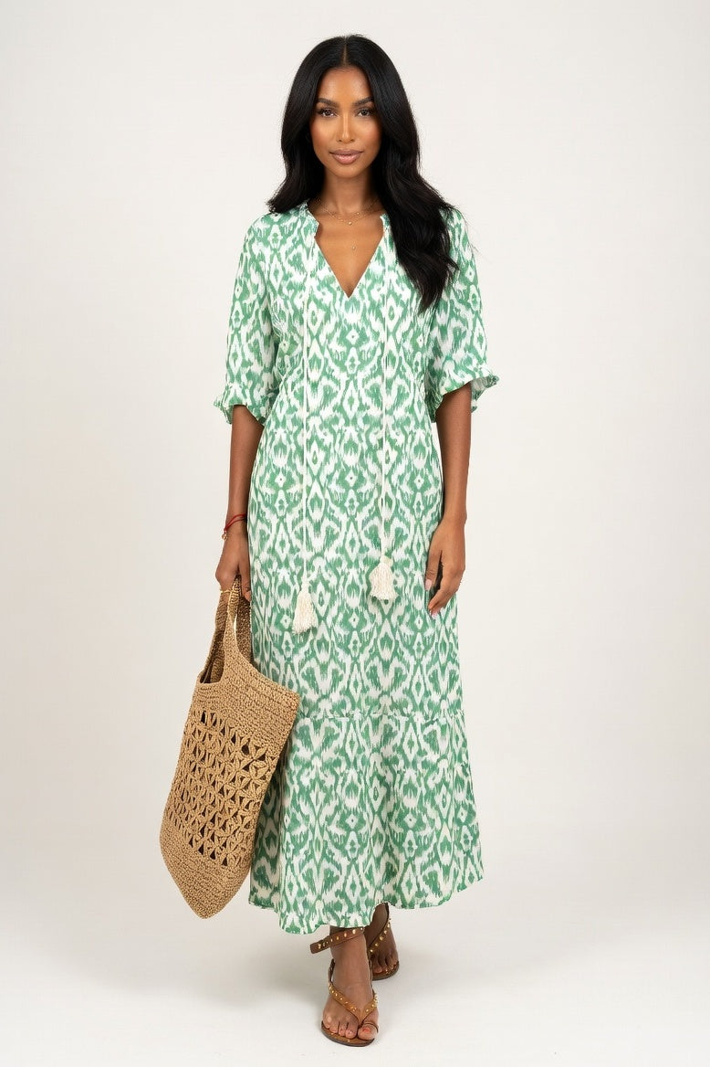 V-Neck Printed Mid-Sleeve Dress — Light Green