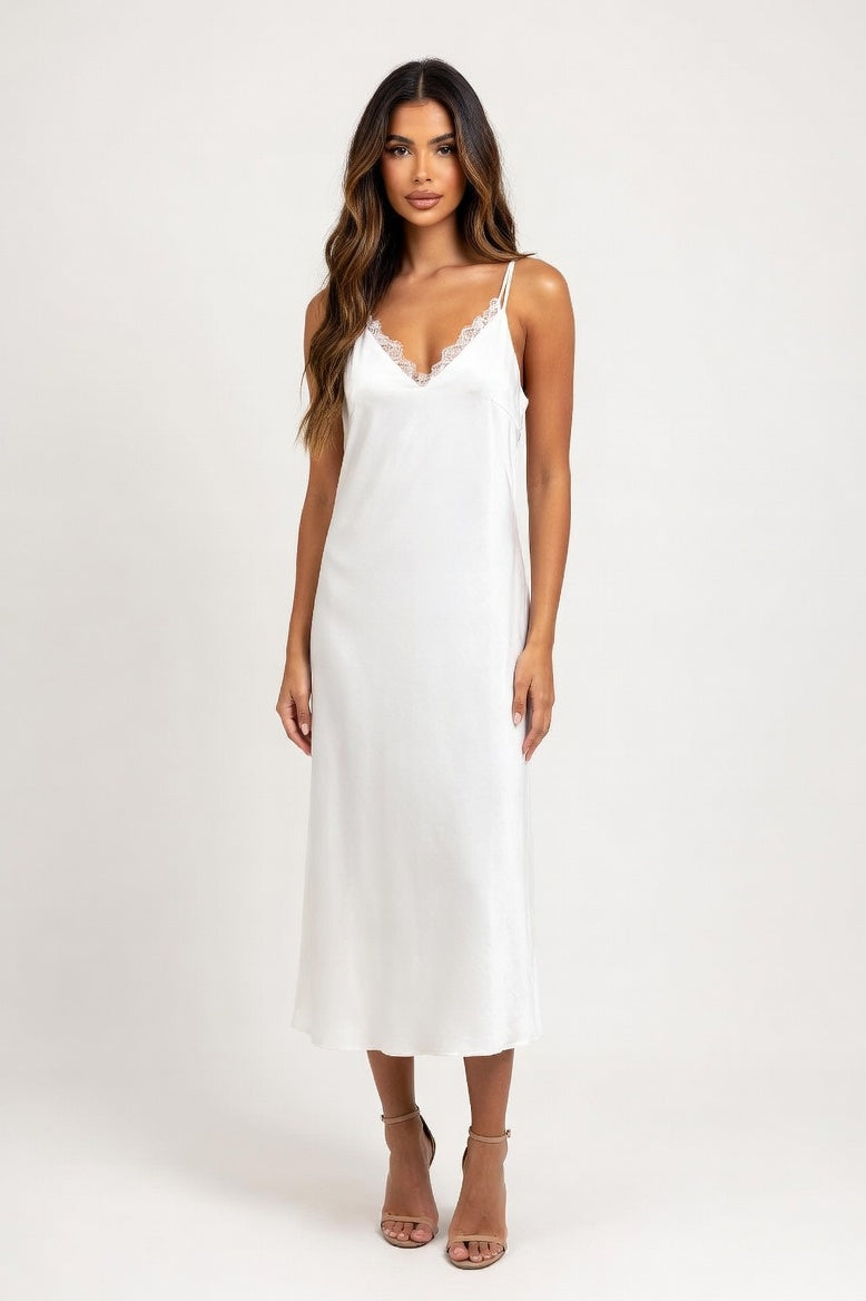 Satin V-Neck Lace Splice Dress — Light Khaki