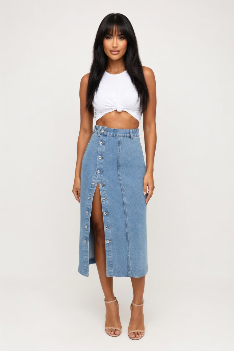 High Waist Slit Denim Skirt — front view