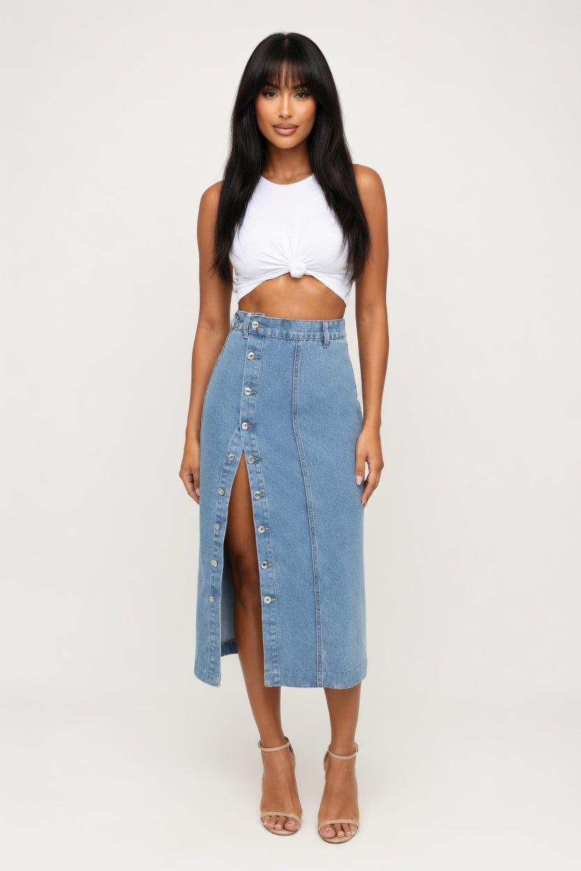 High Waist Slit Denim Skirt — front view