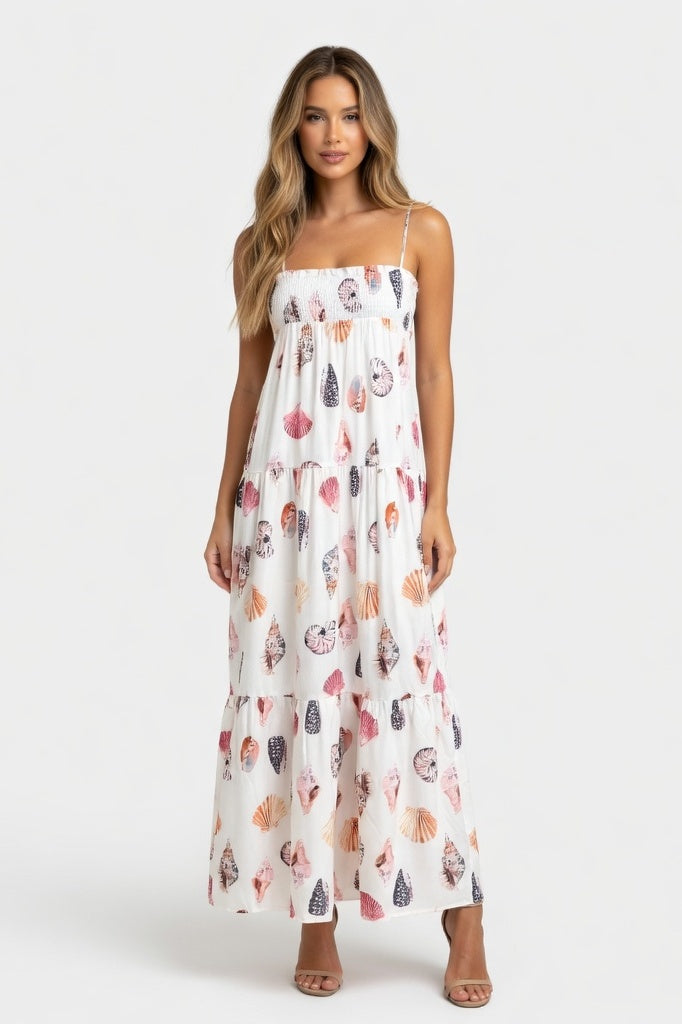 Printed Halter Layered Dress — White