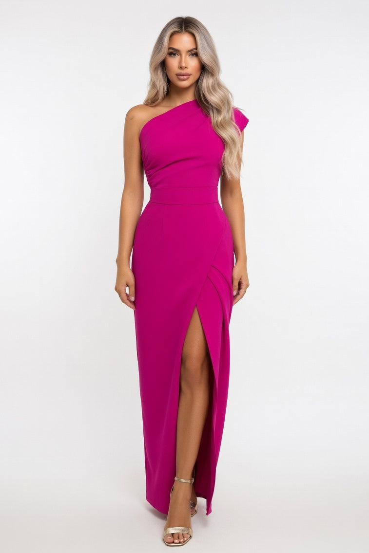 One Shoulder Split Dress — Rose Red