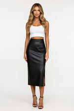 PU Leather Slit Midi Skirt — Black
