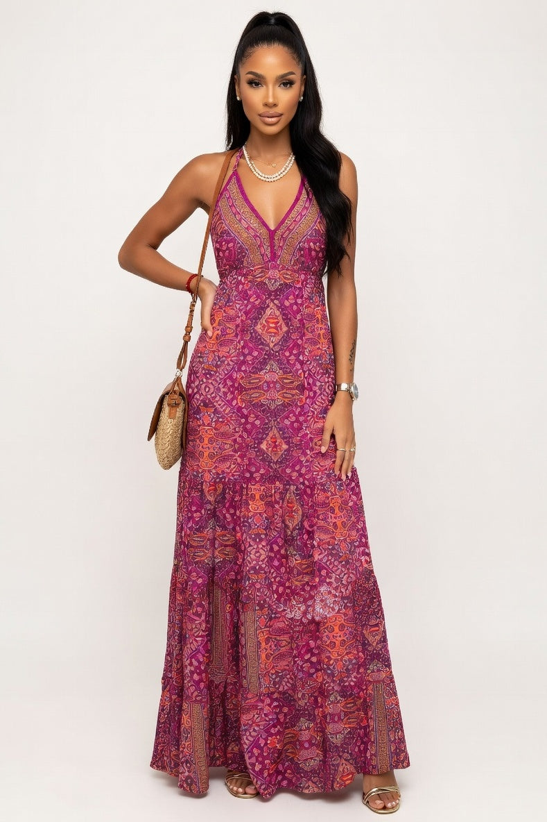 V-Neck Floral Print Maxi Dress — Burgundy