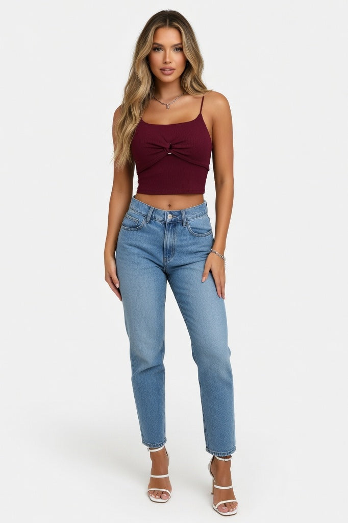Cut-Out Halter Crop Top — Dark Red