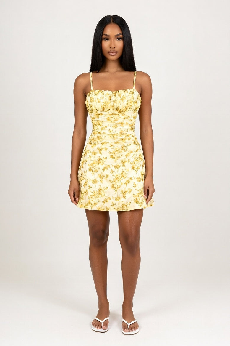Halter Floral Mini Dress — Yellow