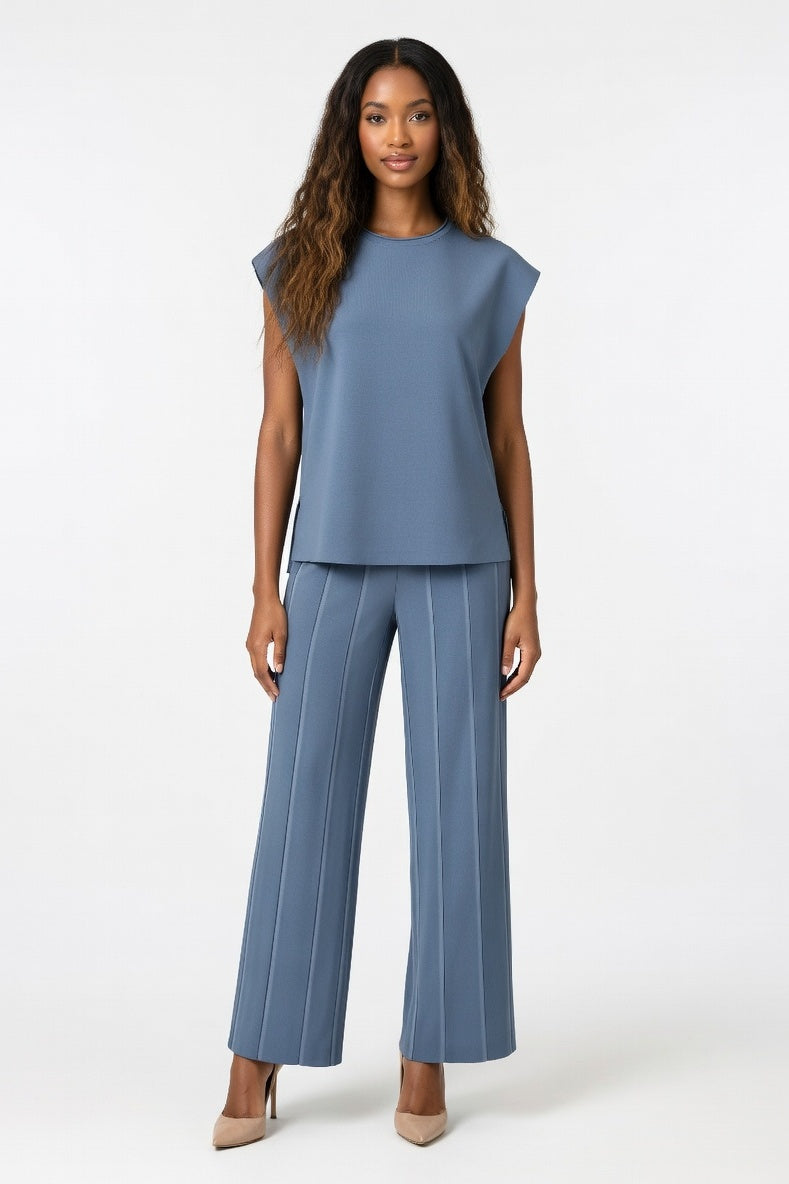 Knitted Co-ord Set Sleeveless Vest + Wide Leg Trousers — Light Blue