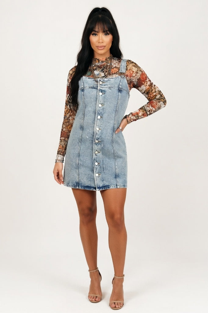 Distressed Denim Halter Dress — Light Blue
