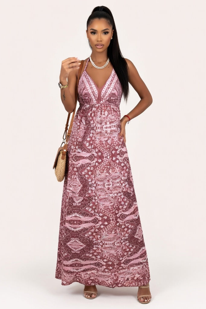 V-Neck Floral Print Maxi Dress — Pink