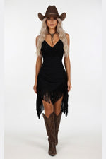 Deep V Halter Tassel Dress — Black