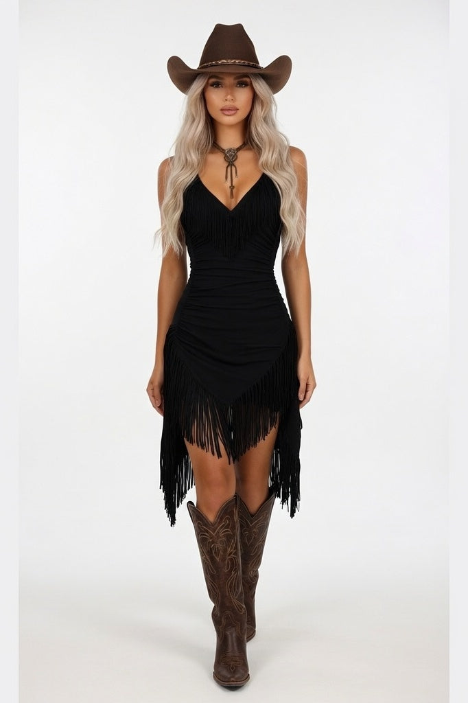 Deep V Halter Tassel Dress — Black
