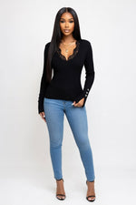 V-Neck Lace Button Top — Black