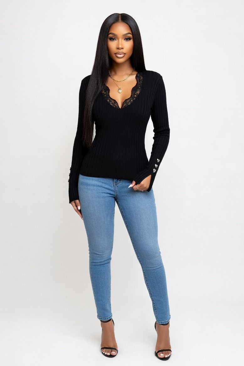 V-Neck Lace Button Top — Black