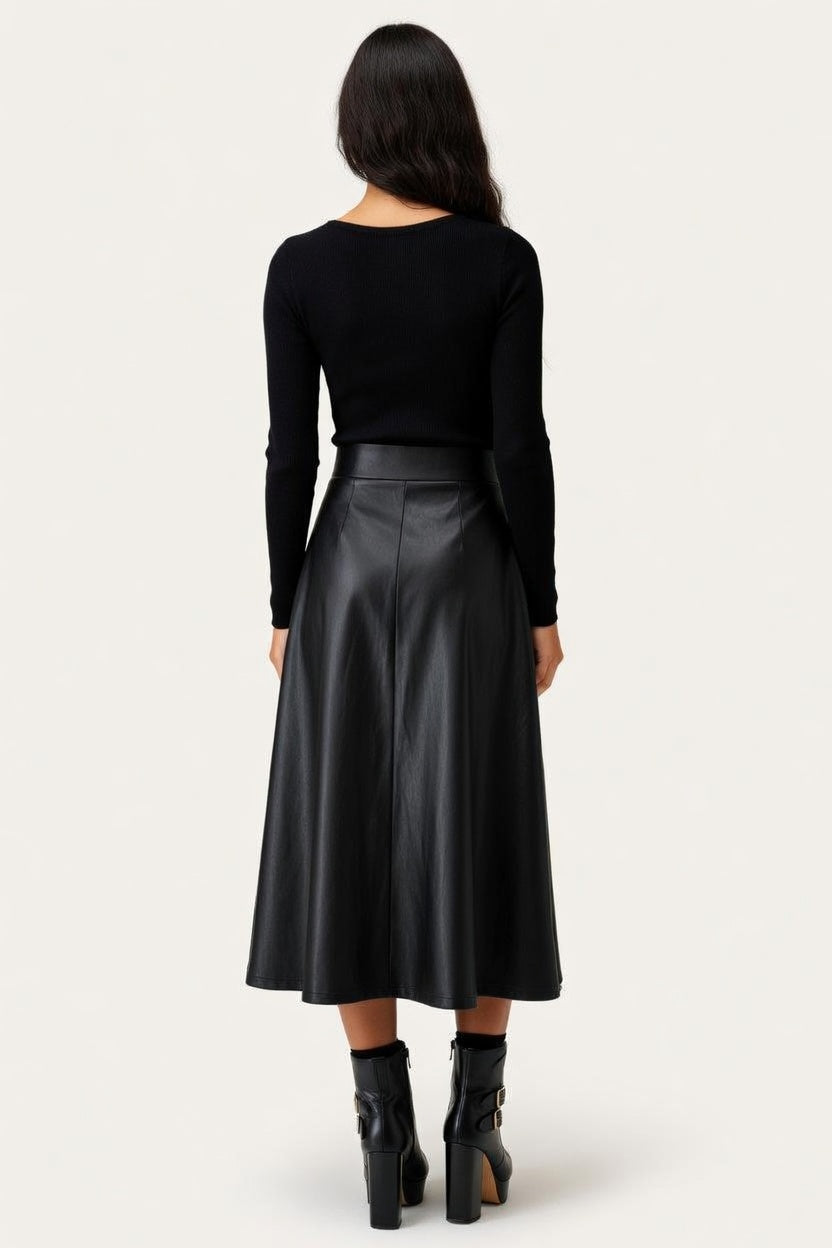 High Waist PU Leather Midi Skirt — back view