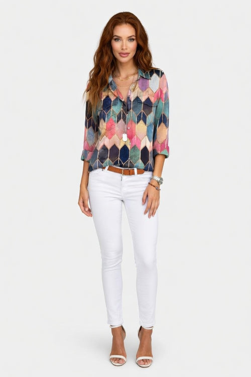 Printed Shirt Lapel Top — Blue Green Short