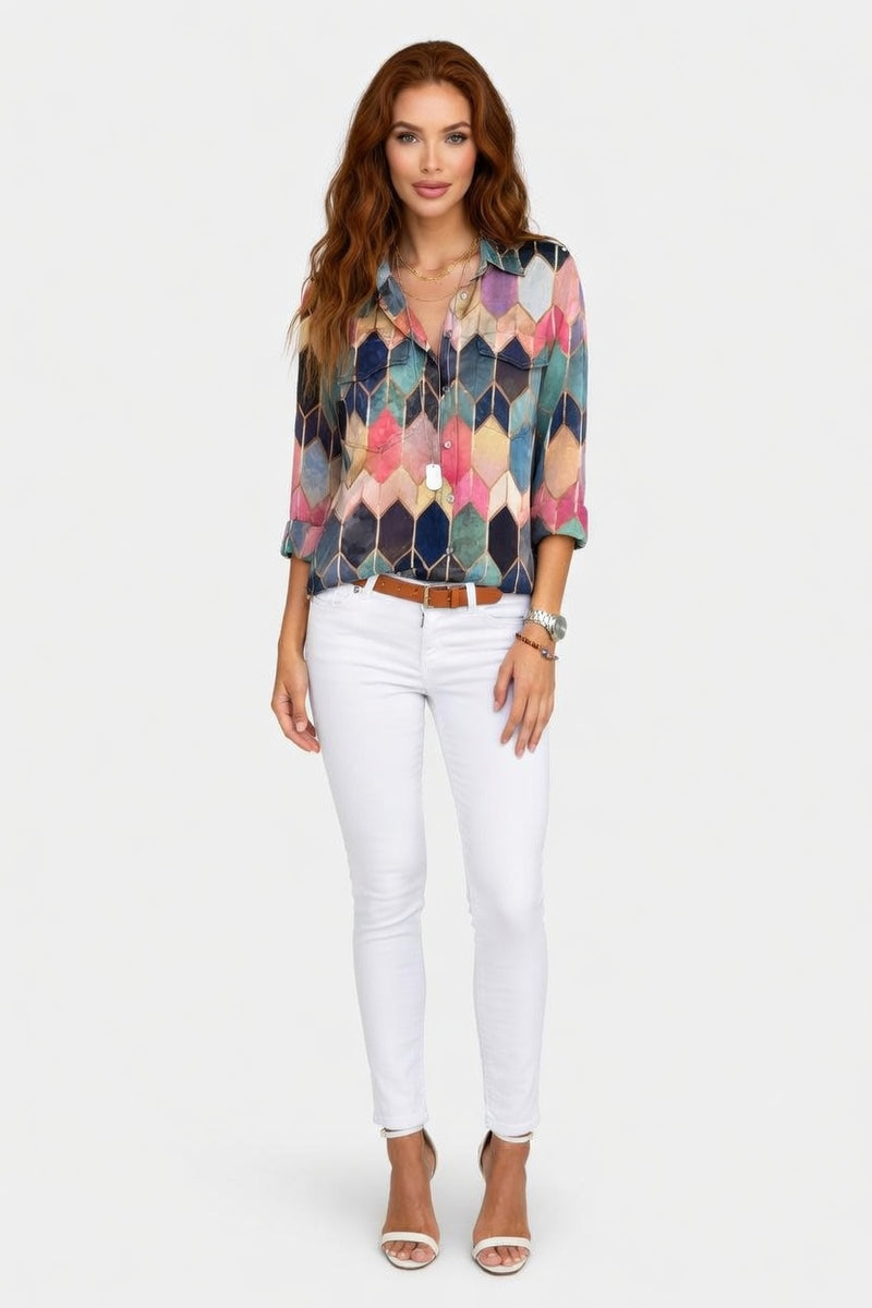 Printed Shirt Lapel Top — Blue Green Short