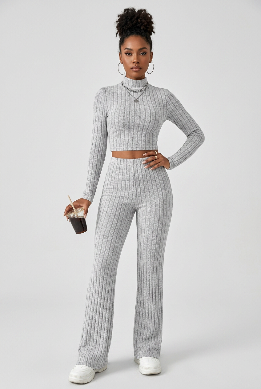 Ribbed Knit Long Sleeve Fitted Top — Image 1