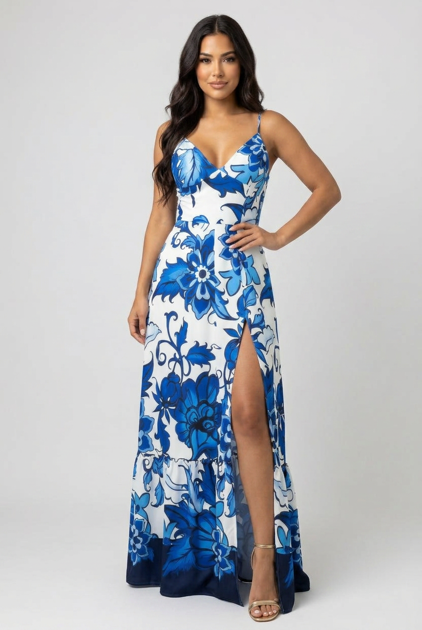 Printed V-Neck Halter Dress