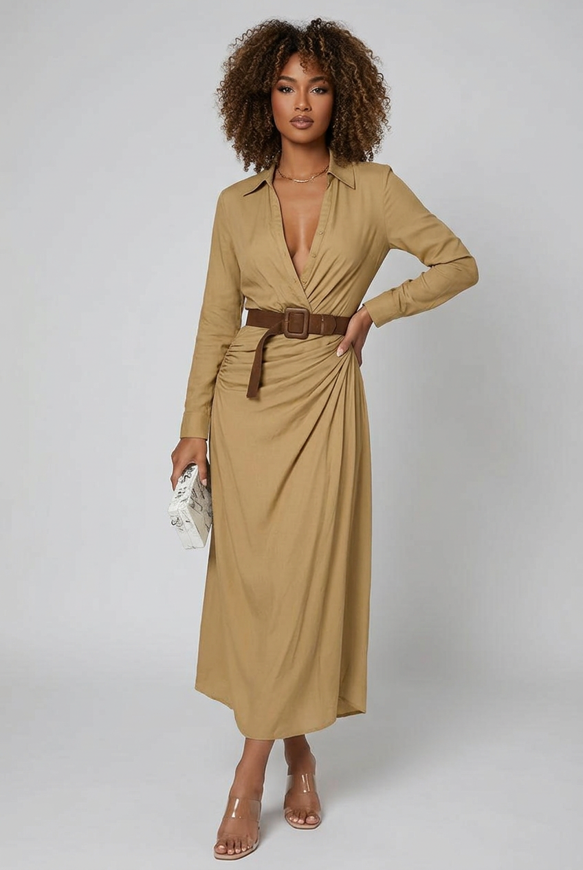 V-Neck Waist-Cinching Dress-3