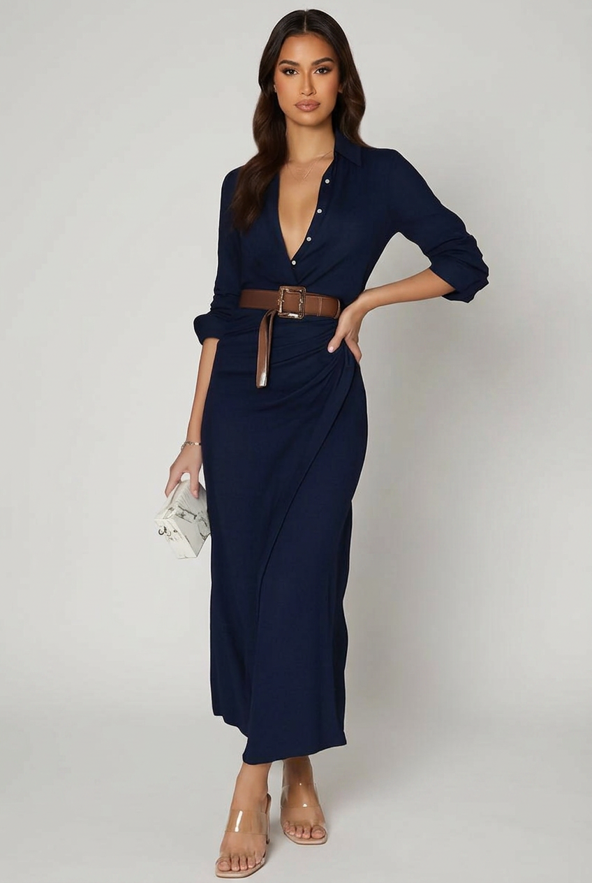 V-Neck Waist-Cinching Dress-4
