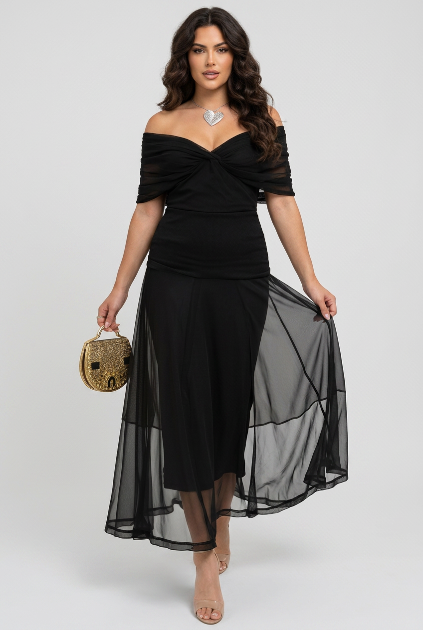 Printed Off-Shoulder Pleated Dress-3