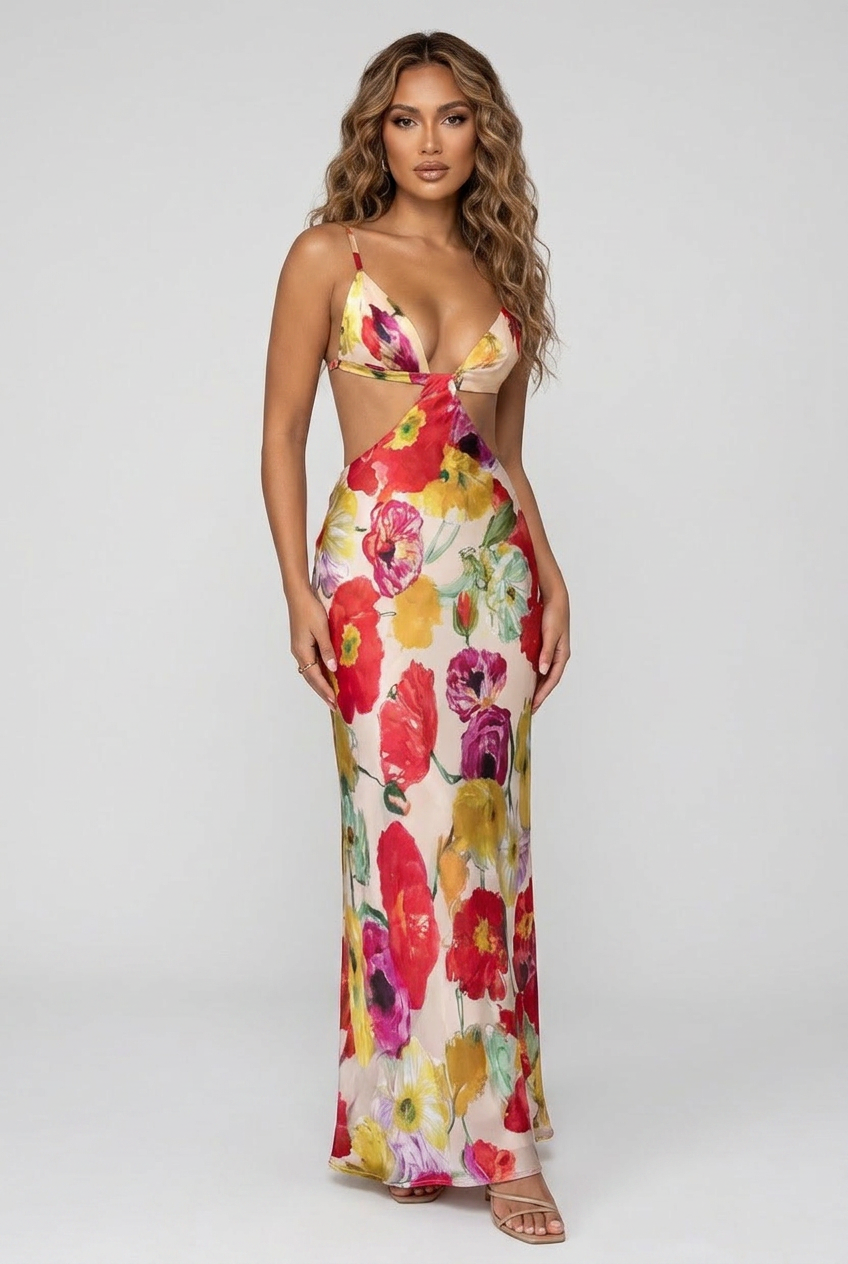 Printed Halter Backless Dress