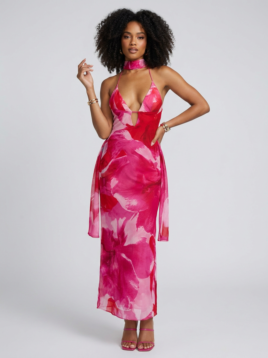 V-Neck Printed Halter Dress