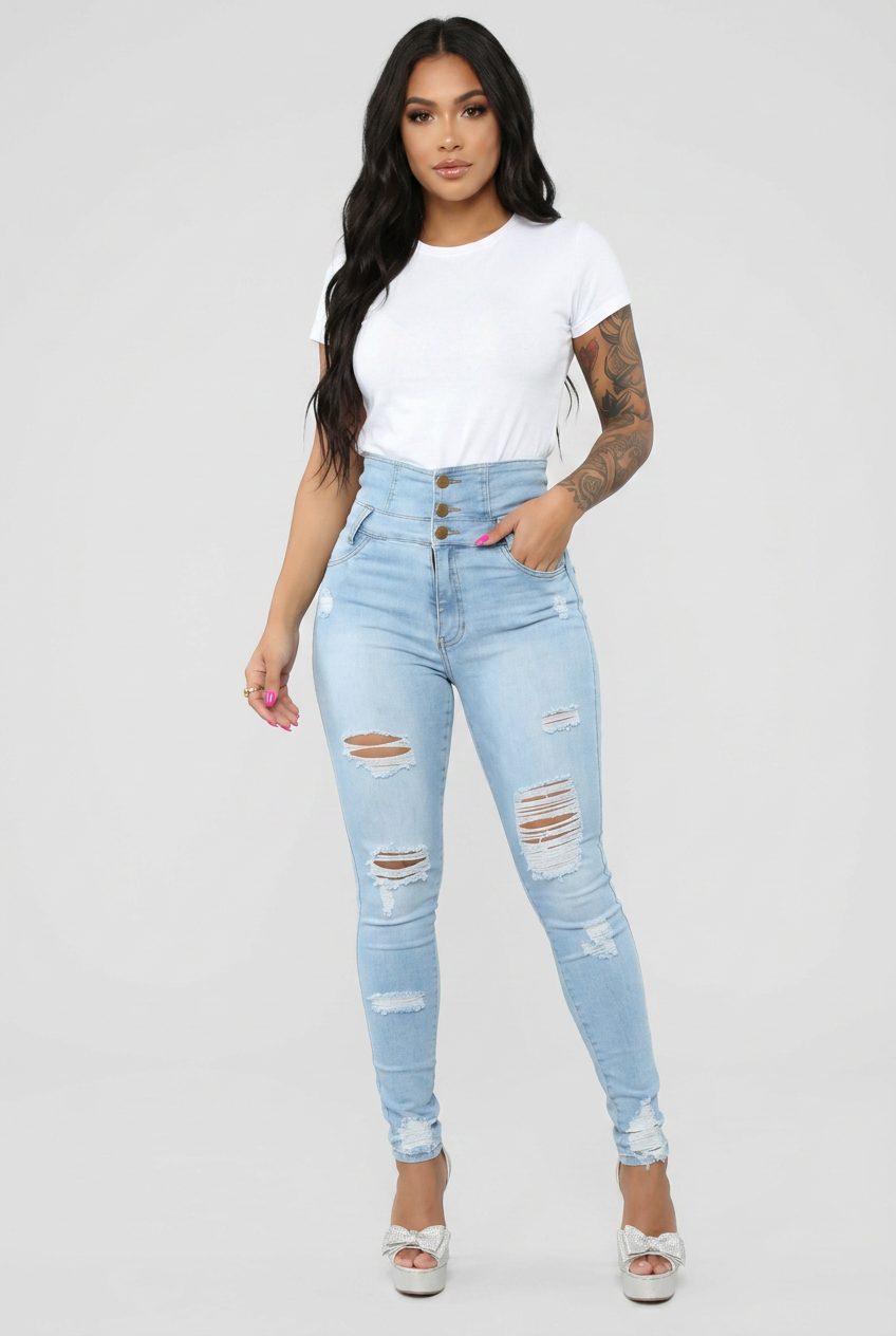 High-Waisted Slim Ripped Denim Trousers — Image 1