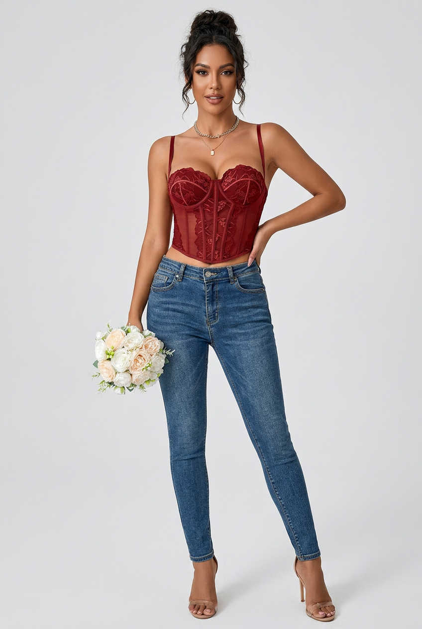 Black Lace Patchwork Corset Top With Adjustable Straps — Image 1