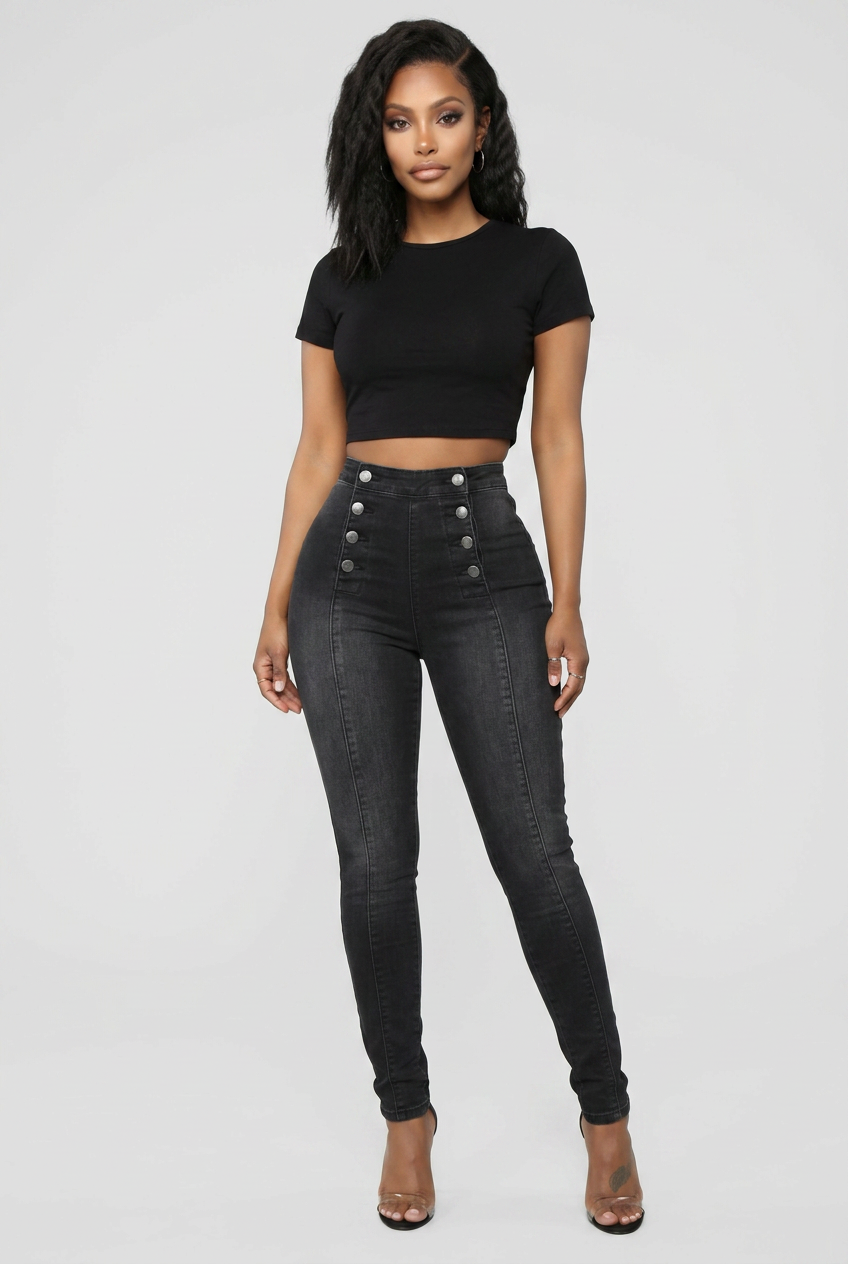 High-Waisted Double-Button Slim Stretch Jeans — Image 1