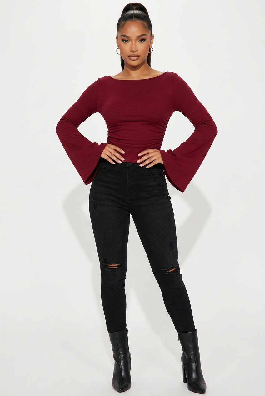 Boat Neck Flared-Sleeve Pleated Top — Image 1
