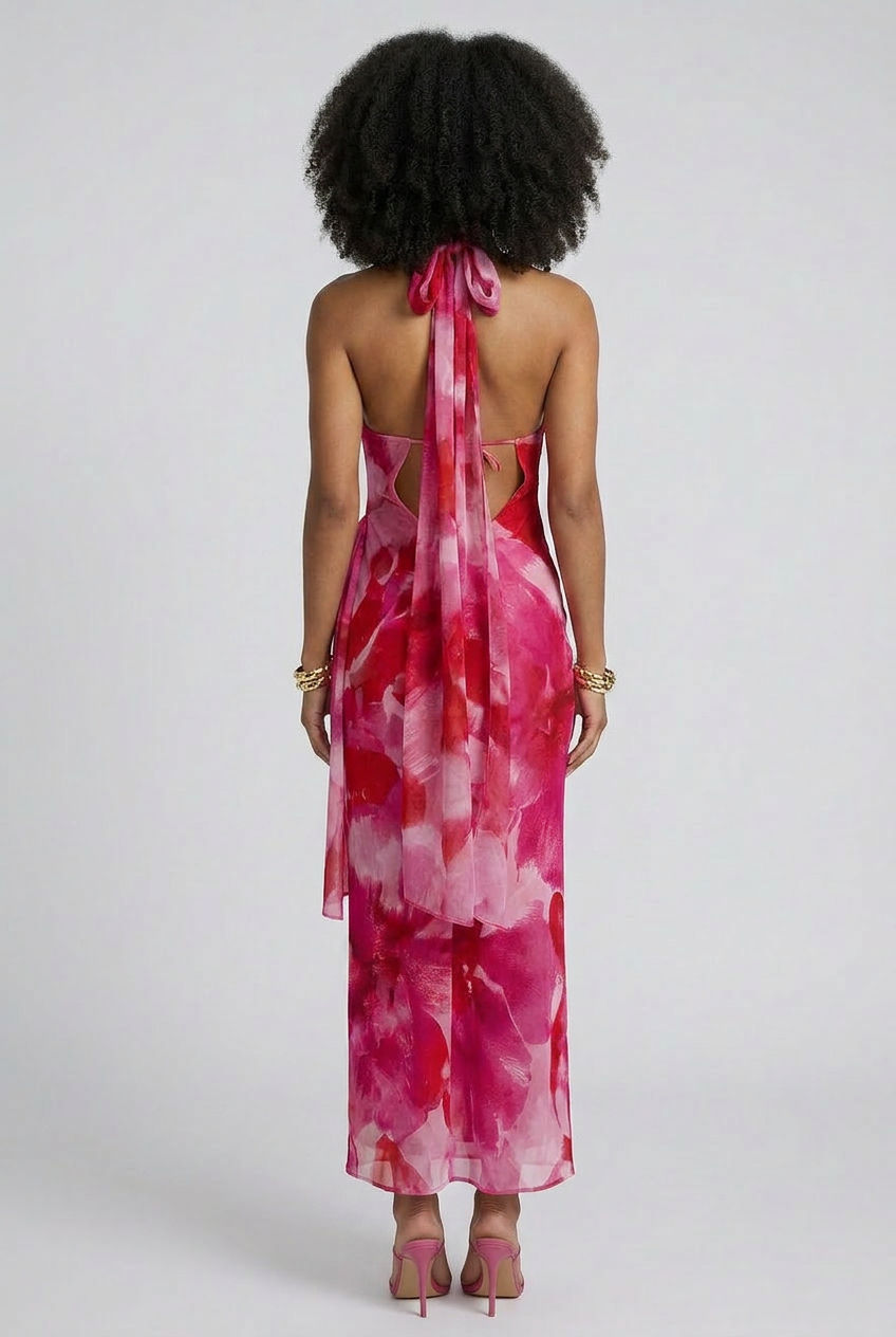 V-Neck Printed Halter Dress-3