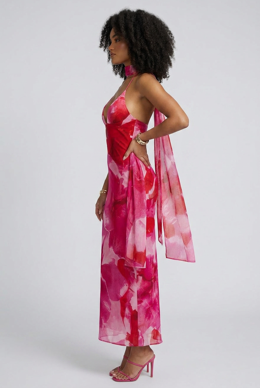 V-Neck Printed Halter Dress