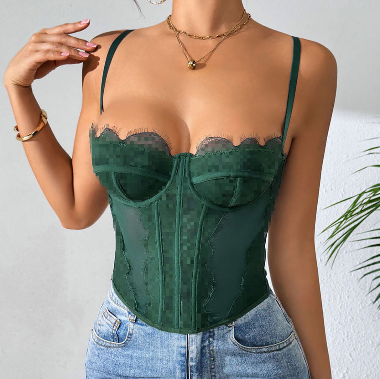 Herringbone Ruched Corset Lace Camisole-2
