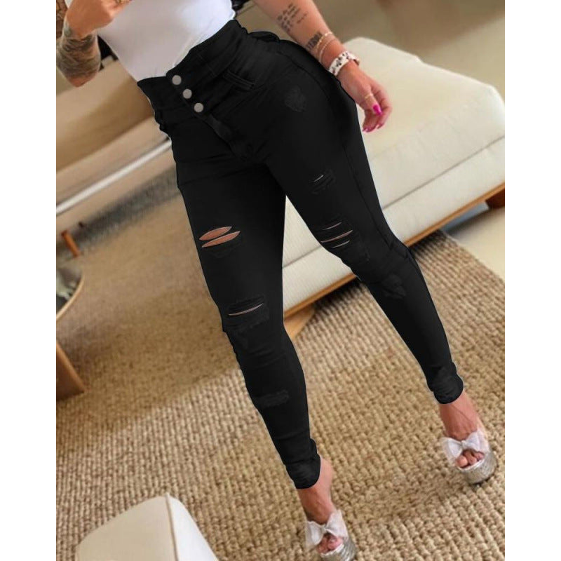High-Waisted Slim Ripped Denim Trousers — Image 7