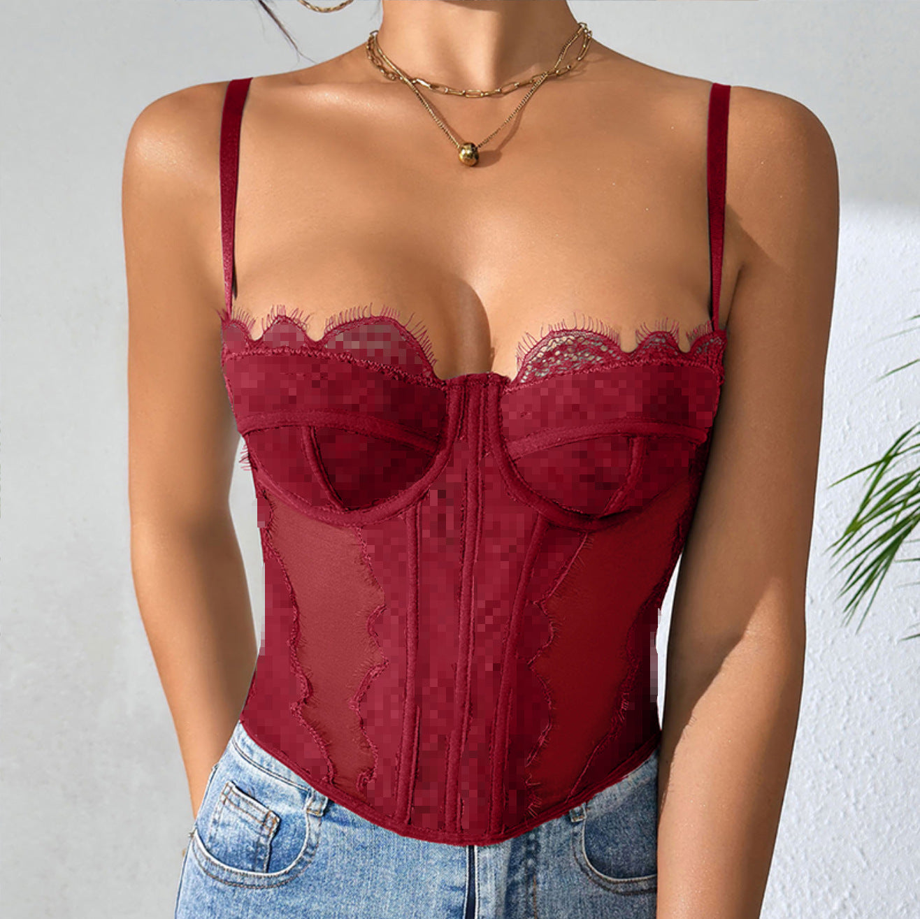 Herringbone Ruched Corset Lace Camisole-8