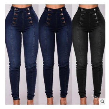 High-Waisted Double-Button Slim Stretch Jeans — Image 2