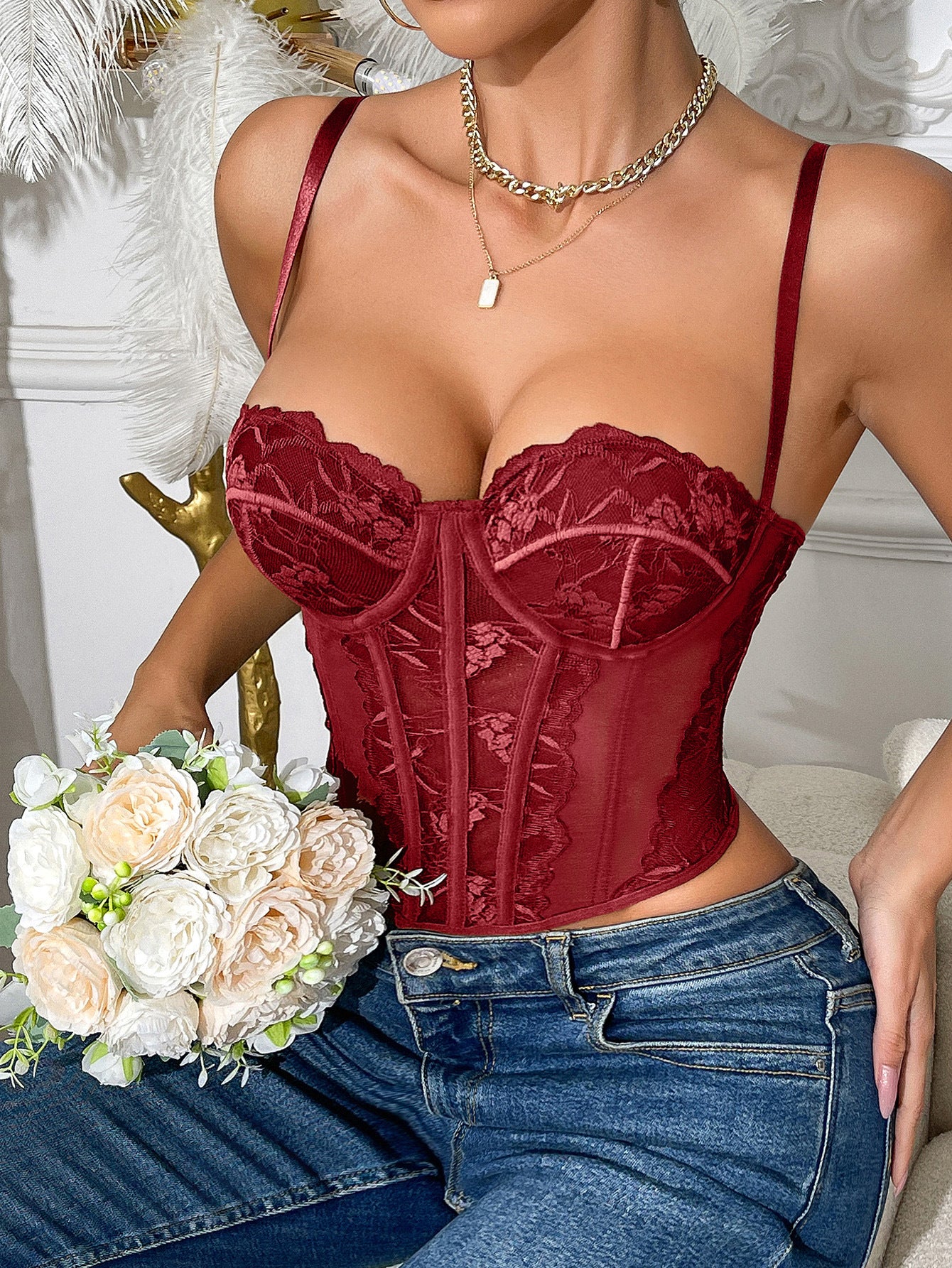 Black Lace Patchwork Corset Top With Adjustable Straps — Image 2